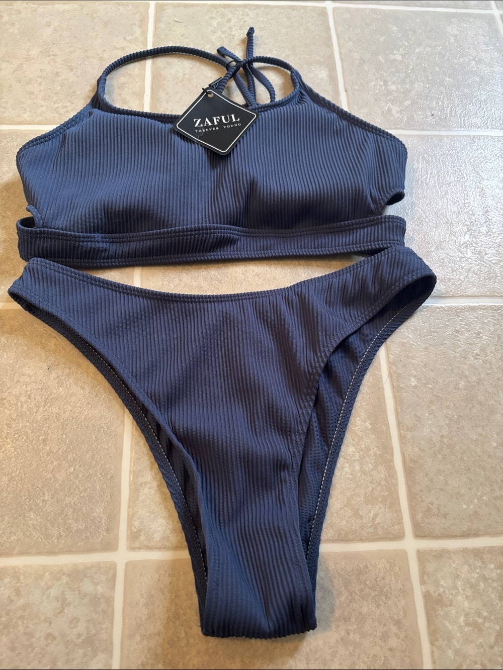 Zaful Ribbed Navy Blue High Neck Bikini Set